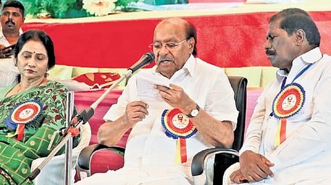 Dr S Ramadoss addressing cadres at PMK’s special general council meeting at Pattanur in Villupuram