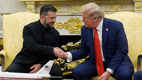 US President Donald Trump meets with Ukraine's President Volodymyr Zelenskyy in the Oval Office at the White House on Monday, Aug. 18, 2025, in Washington.