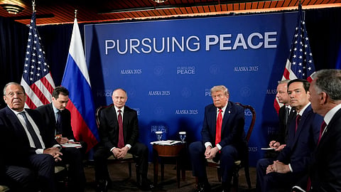 President Donald Trump meets with Russia's President Vladimir Putin Friday, Aug. 15, 2025, at Joint Base Elmendorf-Richardson, Alaska. At left is Russia's Foreign Minister Sergey Lavrov and second from right is Secretary of State Marco Rubio.