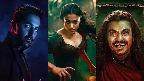 (from left) Ayushmann Khurrana, Rashmika Mandanna and Nawazuddin Siddiqui in Thama