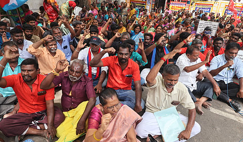 Sanitation workers associated with CITU, LPF and LLF began indefinite sit-in protests pressing various demands in Madurai on Monday, August 19, 2025