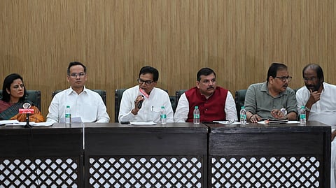 Leaders of Opposition Parties Gaurav Gogoi, Mahua Mohitra, Ram Gopal Yadav, Sanjay Singh, Manoj Jha, Trichy Shiva and others address a Press Conference at Constitution Club, in New Delhi on Monday Aug 18, 2025.