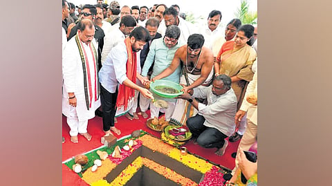 Chief Minister A Revanth Reddy lays the foundation stone for the Sardar Sarvai Papanna Goud statue, on Tank Bund in Hyderabad on Monday