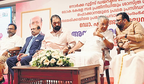 Chief Minister Pinarayi Vijayan attending a meet held in memory of FOKANA founding president M Anirudhan in the capital on Tuesday