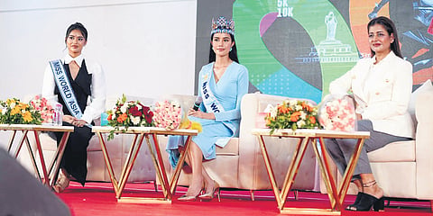 Miss Asia Krishnah Gravidez, Miss World Opal Suchata Chuangsri and Miss World Organization Global Ambassador Sudha Reddy at the event in Dokiparru