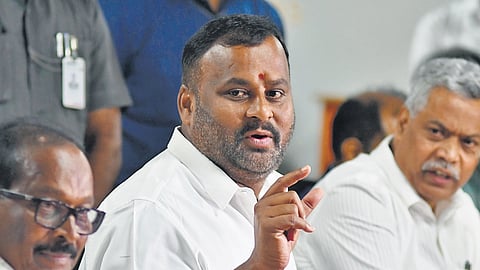 Transport Minister Mandipalli Ramprasad Reddy highlights the Stree Shakti scheme
at a media conference in Vijayawada on Wednesday.