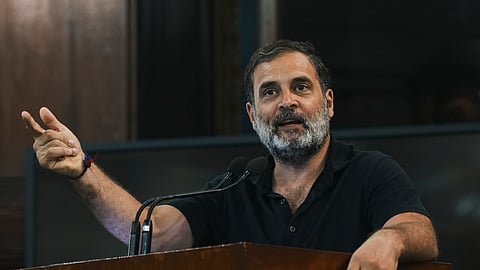 LoP in the Lok Sabha and Congress leader Rahul Gandhi speaks during an event to introduce joint Opposition's vice presidential candidate B Sudershan Reddy, at the central hall of Samvidhan Sadan, in New Delhi, Wednesday, Aug. 20, 2025.