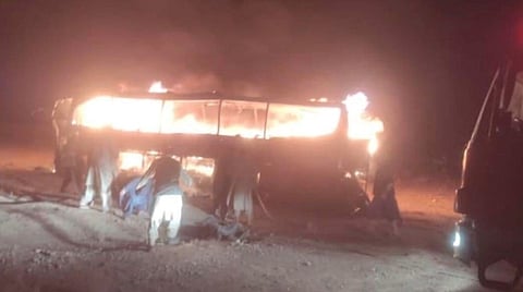 The bus first collided with the motorcycle then hit the truck, which was carrying fuel, police said, adding that the collision sparked a fire.
