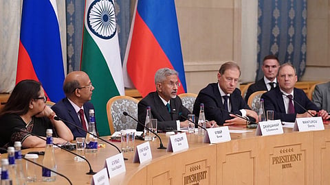 In this image posted by @DrSJaishankar via X on Aug. 21, 2025, Union External Affairs Minister S Jaishankar with First Deputy Prime Minister of Russia Denis Manturov and others during the India-Russia Business Forum.