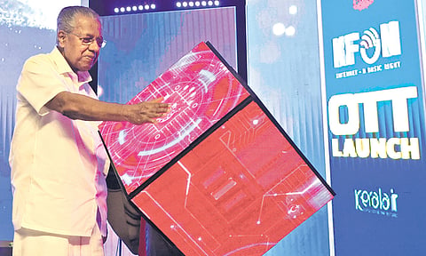 Chief Minister Pinarayi Vijayan launching K-FON OTT platform at Nishagandhi auditorium in Thiruvananthapuram on Thursday