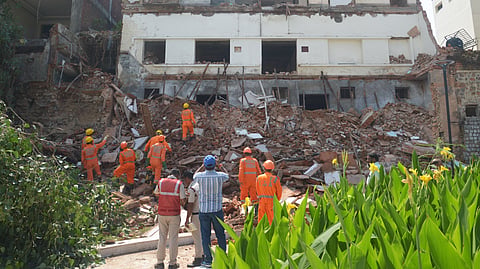NDRF carrying out search operation as a Building has collapsed alongside Sadbhavna Park, 3 workers on the site are dead on the spot.