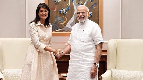 Former US ambassador to the UN Nikki Haley with PM Narendra Modi.
