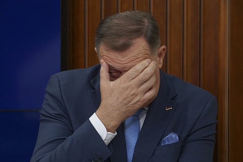 Bosnian Serb President Milorad Dodik gestures during a news conference after Bosnian prosecutors ordered the detention of three top Bosnian Serb officials over a series of separatist actions, in the Bosnian town of Banja Luka, 240 kms northwest of Sarajevo, Wednesday, March 12, 2025.