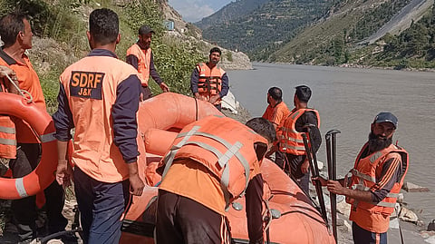 The rescue team searching of survivors or bodies of the victims of the August 14, 2025, cloudburst at Chesoti village of J&K’s Kishtwar district.