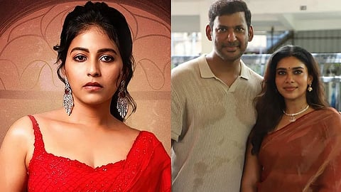 (L) Anjali; (R) Vishal and Dushara Vijayan at the launch of Vishal 35
