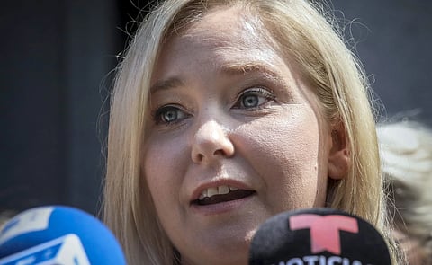 Virginia Roberts Giuffre speaks during a news conference outside a Manhattan court in New York, August 27, 2019.