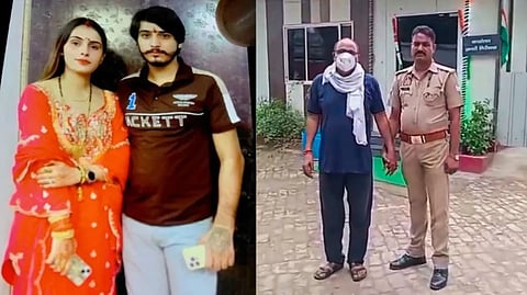 The woman was brutally assaulted and set ablaze by her husband and in-laws over a dowry demand of ₹36 lakh in Greater Noida's Sirsa village. Police personnel with father-in-law of Nikki (L)