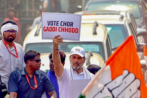 In this image released on Aug. 27, 2025, Leader of Opposition in the Lok Sabha Rahul Gandhi during the Voter Adhikar Yatra, in Bihar.