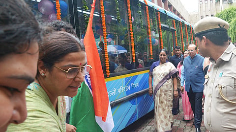 The Lieutenant Governor of Delhi Vinai Kumar Saxena and Chief Minister of Delhi Rekha Gupta Flagged off EV buses / Launch of Special Hire buses at Sardar Patel Vidyalaya, Lodhi Estate, New Delhi.