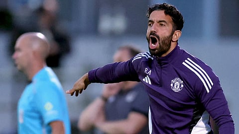 Manchester United manager Ruben Amorim reacts on the sideline during an English League Cup second round soccer match against Grimsby Town, Wednesday, Aug. 27, 2025, at Hill Blundell Park in Grimsby, England.