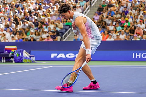 Ben Shelton, of the United States, reacts after a rally against Adrian Mannarino, of France, during the third round of the US Open tennis championships, Friday, August. 29, 2025