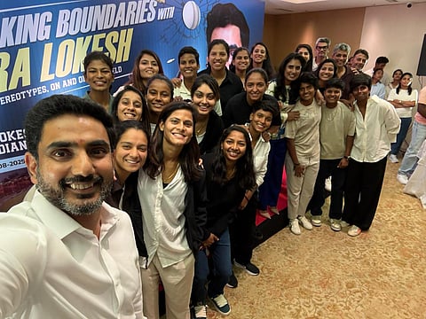 Minister for IT Nara Lokesh interacts with ICC Womens Cricket team in Visakhapatnam on Friday.