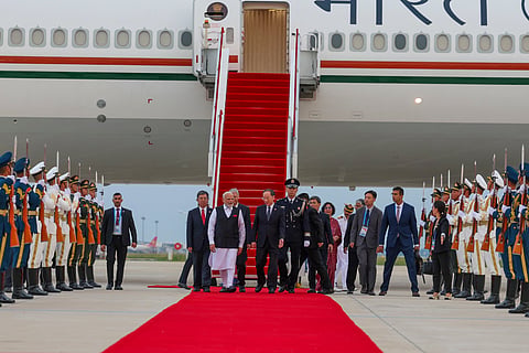In this image released on Aug. 30, 2025, Prime Minister Narendra Modi being welcomed upon his arrival at the airport, in Tianjin, China.