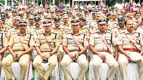 Police officers at the President’s Police Medal distribution ceremony in Raj Bhavan in Bengaluru on Saturday