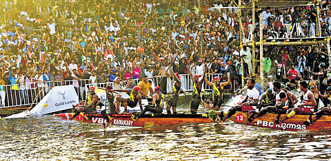 V B C Kainakary’s Veeyapuram Chundan wins the 71st Nehru Trophy Boat Race in Punnamada Lake, Alappuzha, on Saturday