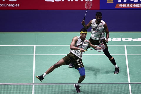 India's Chirag Shetty (L) and Satwiksairaj Rankireddy lost the Worlds semifinal to their Chinese opponents on Saturday