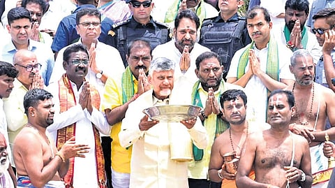 CM Chandrababu Naidu performs ‘Jala Harathi’ in his Kuppam constituency on Saturday.
