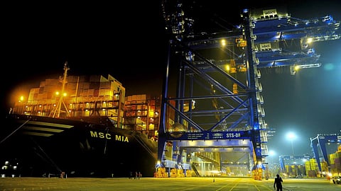 Container ship MSC MIA reaches Vizhinjam International Seaport Limited in Thiruvananthapuram on Sunday.