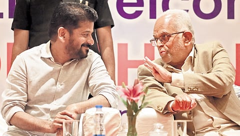Opposition’s vice-presidential candidate Justice B Sudershan Reddy with Chief Minister A Revanth Reddy in Hyderabad on Monday