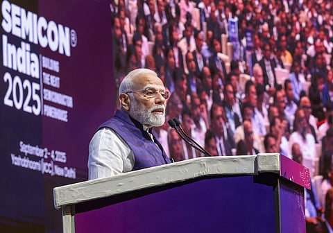In this image received on Sep. 02, 2025, Prime Minister Narendra Modi addresses the gathering during the inauguration of 'Semicon India 2025' at Yashobhoomi, in New Delhi.