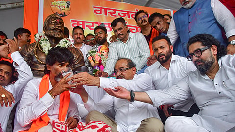 Maratha quota activist Manoj Jarange Patil breaks his hunger strike by sipping fruit juice offered by Maharashtra minister and BJP leader Radhakrishna Vikhe Patil