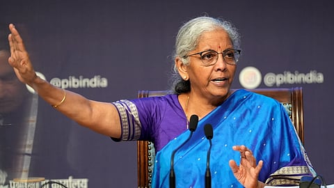 Union Finance Minister Nirmala Sitharaman addresses the media regarding the 56th GST Council meeting, in New Delhi, Wednesday, Sept. 3, 2025.