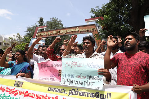 The associations affiliated with the progressive movements staged a protest in front of the Coimbatore district collectorate on Tuesday, demanding a bus facility to Anna Nagar from Kembanur village on the outskirts of the district. The bus service was neglected in Anna Nagar, where SC people live, due to caste bias, and this issue was brought to light by TNIE. Express