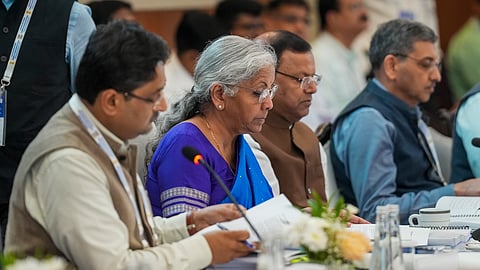 Finance Minister Nirmala Sitharaman, Union Minister of State for Finance Pankaj Chaudhary and Revenue Secretary Arvind Shrivastava during the 56th GST Council meeting, in New Delhi, Wednesday, Sept. 03, 2025.