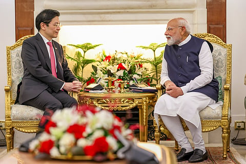 Prime Minister Narendra Modi holds bilateral meeting with Singapore's Prime Minister Lawrence Wong, at Hyderabad House, in New Delhi.