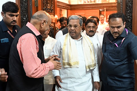 Karnataka Chief Minister Siddaramaiah arrving at Vidhna Soudha after the Cabinet meeting in Bengaluru on Thursday.