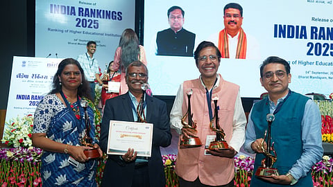IIT Madras Director V Kamakoti receiving the ranking certificates and awards on behalf of the university from Edn Min Dharmendra Pradhan on Thursday.