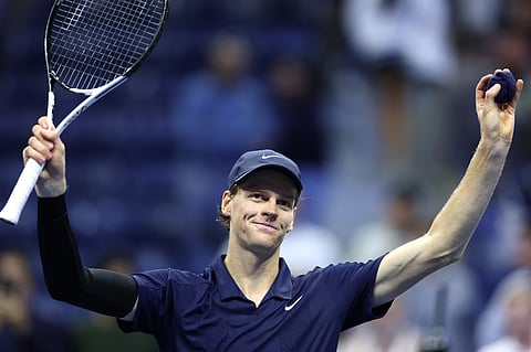 Italy’s Jannik Sinner celebrates after defeating Italy’s Lorenzo Musetti during their men's singles quarterfinal tennis match at the US Open on September 3, 2025.