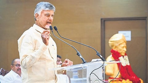 Chief Minister Nara Chandrababu Naidu speaking at a State-level event to celebrate Teachers’ Day in Vijayawada on Friday.