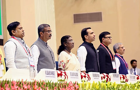 President Droupadi Murmu with Union Education Minister Dharmendra Pradhan, MoS Jayant Chaudhary and other dignitaries during the National Teachers' Award 2025 ceremony, at Vigyan Bhawan in New Delhi on Friday.