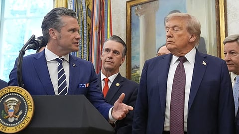 Defense Secretary Pete Hegseth speaks at an event with President Donald Trump on the relocation of U.S. Space Command headquarters from Colorado to Alabama in the Oval Office of the White House, Tuesday, Sept. 2, 2025, in Washington.