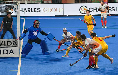Action from match between India and China in Rajgir on Saturday