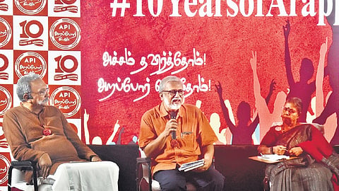 Volunteers mark the 10th anniversary of Arappor with a special song at Sir Pitty Thyagaraya Hall, T Nagar, on Sunday