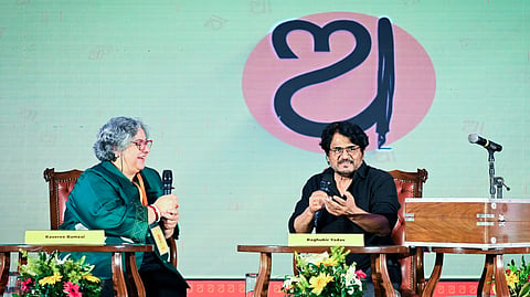 Senior Journalist Kaveree Bamzai in conversation with actor and composer Raghubir Yadav during the session Singer, Actor, Storyteller: One Life, Many Texts at OLF in Bhubaneswar on Saturday.