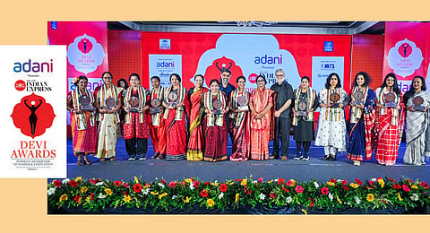 Devi awardees seen alongside Odisha Legislative Assembly Speaker Surama Padhy, TNIE CEO Lakshmi Menon, TNIE editorial director Prabhu Chawla and resident editor of TNIE, Odisha, Siba Mohanty at the awards ceremony in Bhubaneswar on Sunday.
