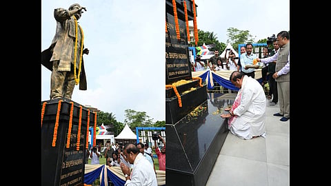 Chief Minister Himanta Biswa Sarma paying respeects to Bhupen Hazarika.